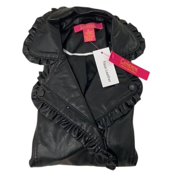 Catherine Malandrino Faux Leather Ruffle Trim Black Moto Jacket - Picture 1 of 3
